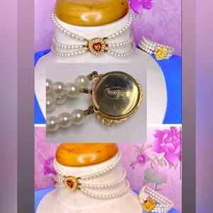 🌹 Bergere 🌹 Vintage 50s 60s Pearl & Amber Heart Gold Toned Antique Choker